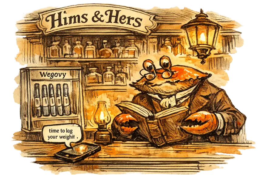 A Victorian apothecary storefront with 'Hims & Hers' lettered above the door, a glass case of Wegovy injection pens, a glowing smartphone chat bubble on the counter, and a crab in a frock coat and waistcoat examining a ledger behind the counter.