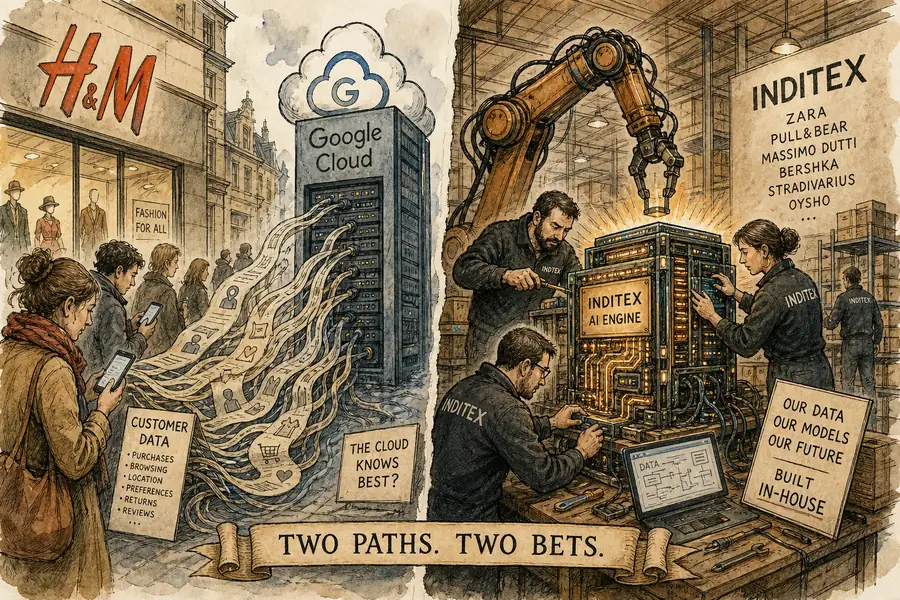 Split illustration: an H&M store wired by cable into a Google Cloud server tower on the left; Inditex staff and a robot building their own server-engine inside a warehouse on the right.