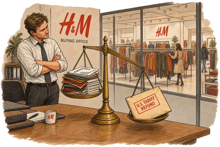 In an H&M buying office, a brass balance scale tips toward a thick envelope stamped U.S. Tariff Refund and away from a stack of fabric swatches, while the shop floor beyond the glass has only two shoppers.