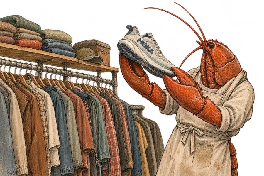 A lobster in a shopkeeper's apron inspects a brand-new HOKA sneaker in front of a crowded rack of secondhand clothing.