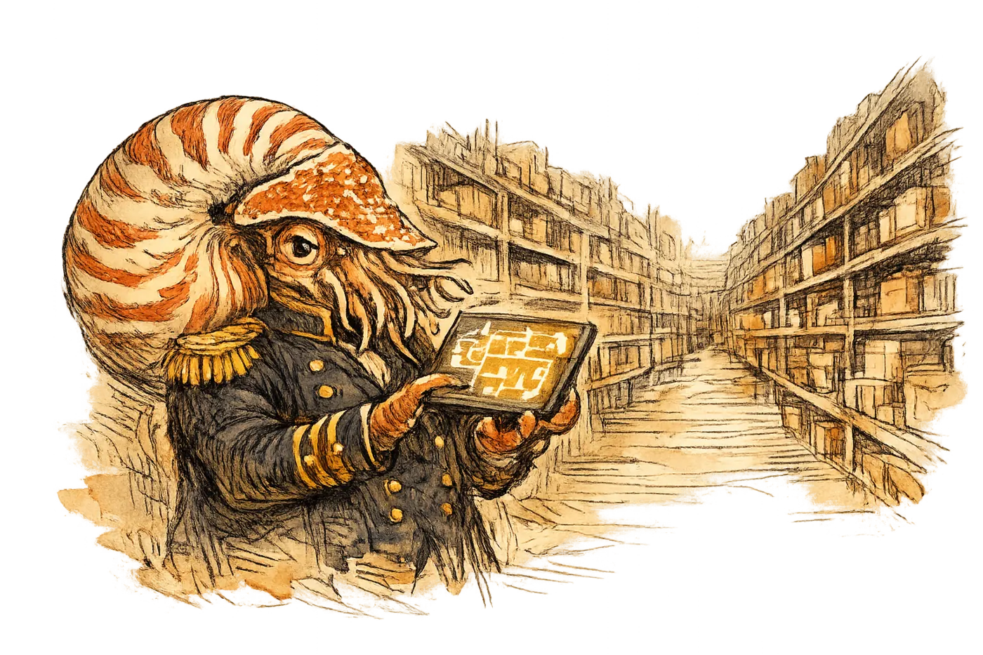 Admiral Neritus Vale as a nautilus in naval uniform standing in a wide store aisle, examining a tablet projecting a glowing inventory map while shelves recede behind him