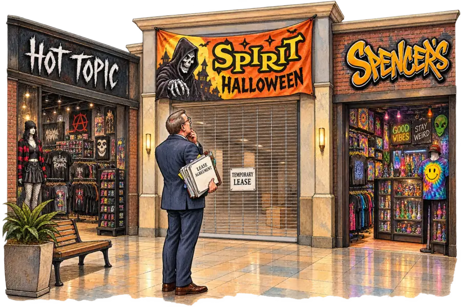 A mall corridor with Hot Topic and Spencer's storefronts facing each other and a Spirit Halloween banner draped over a shuttered unit between them, a landlord standing centre with a sheaf of leases.
