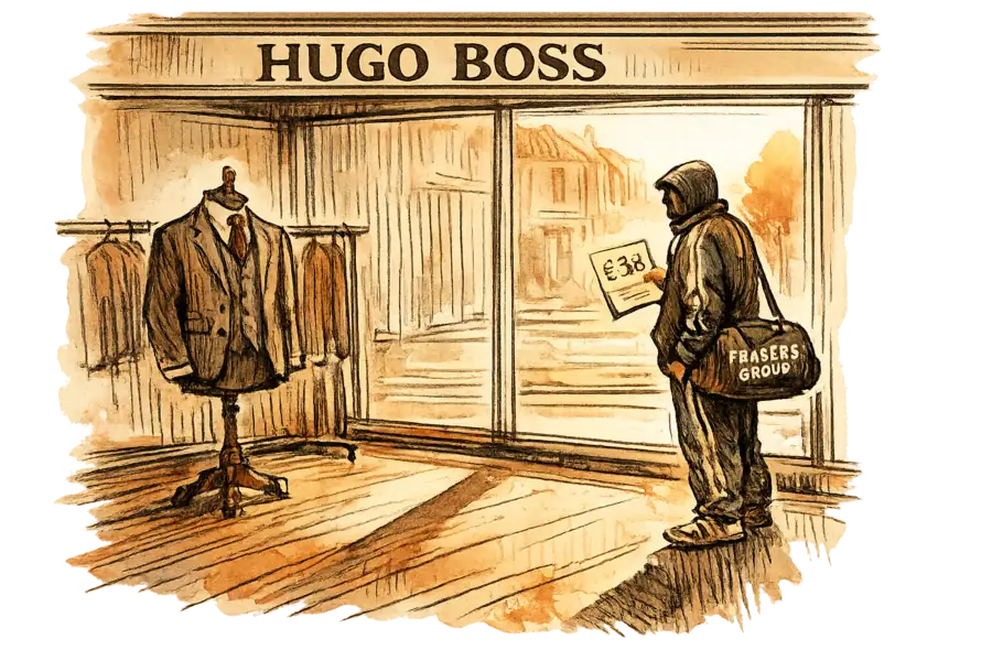 A tailor's dummy in a BOSS suit inside an empty Metzingen showroom while a tracksuited figure waits outside the window holding a folded offer document marked 38 euros.