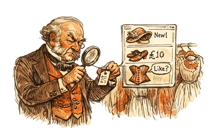 Sir John Crabstone, a crab in a waistcoat, studies a dress label while a chat window hovers above a boutique shelf.