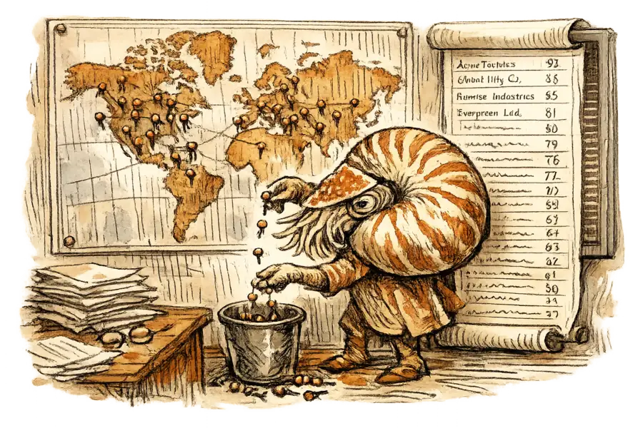 A chambered nautilus in a sourcing office pulls supplier pins out of a wall-sized world map and drops them into a bin, while a screen beside it scrolls a long list of factory names and match scores.
