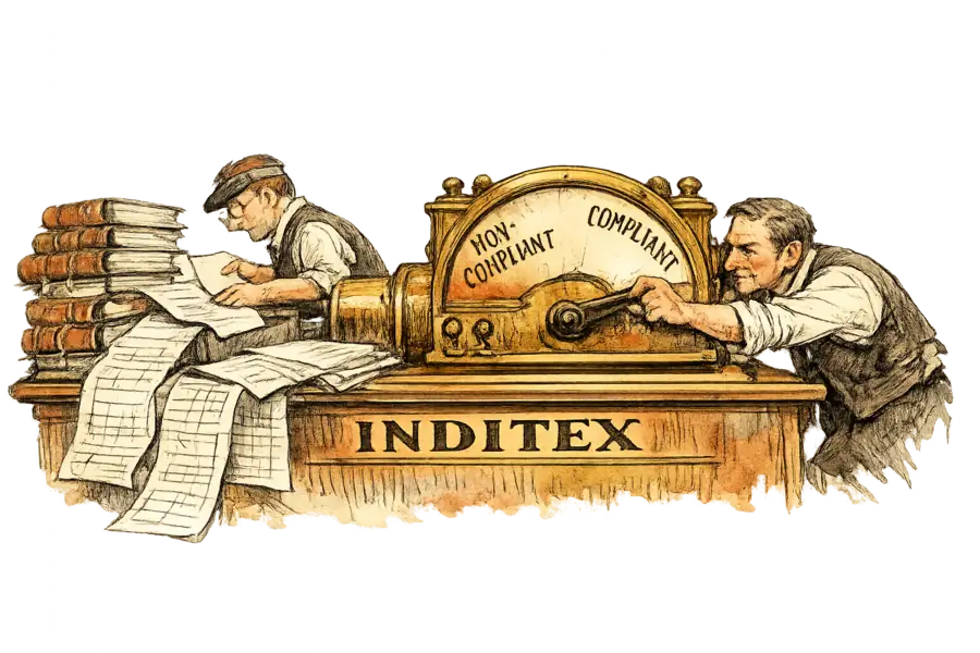 An auditor pushes the needle of a brass grading machine back from COMPLIANT while a clerk keeps feeding supplier ledgers into it at a counter lettered INDITEX.