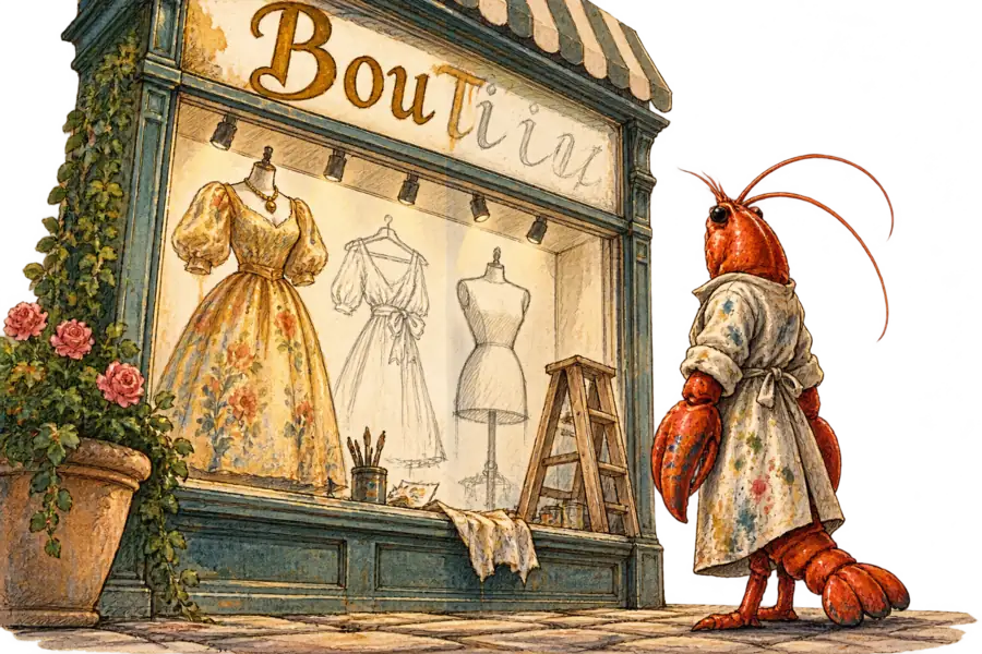 A lobster in a paint-stained smock stands on a pavement watching a shop window whose sign is half-lettered and whose garments are still sketched in bare outline.