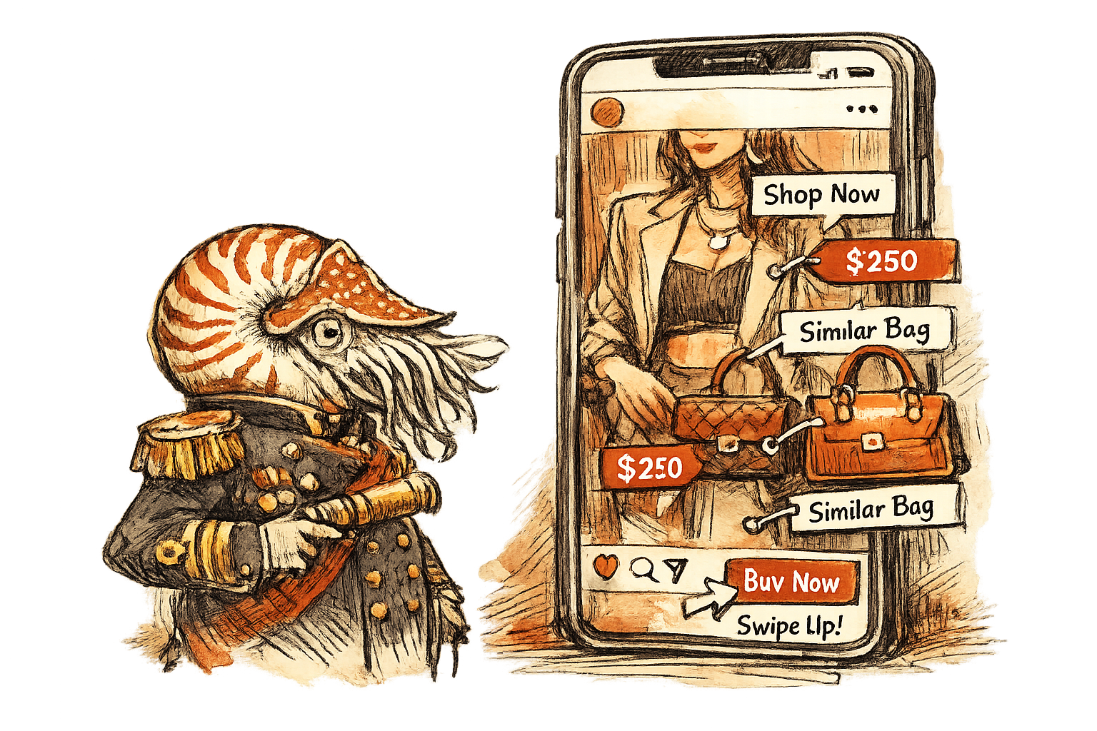 A nautilus strategist studies an Instagram post that has sprouted unauthorized shopping tags while mannequins and knockoff handbags crowd the margins.