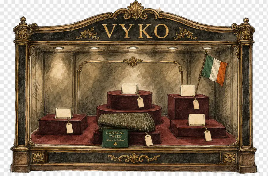 An empty gilt display case lettered 'VYKO' with bare plinths, a folded bolt of Irish tweed, and blank name cards.