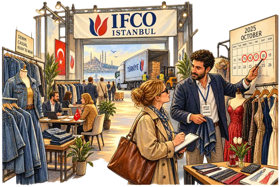 Un acheteur et un exposant au salon IFCO Istanbul, un calendrier mural entouré d'un cercle entre eux et un camion sur un quai de chargement en arrière-plan.