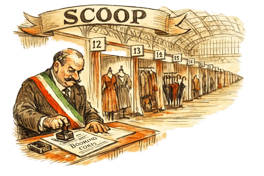 An official in an Italian tricolore sash stamps a booking form at a London trade-show desk while a long row of numbered designer stands and rails of Italian clothing fill the Olympia hall behind a hand-lettered Scoop banner.
