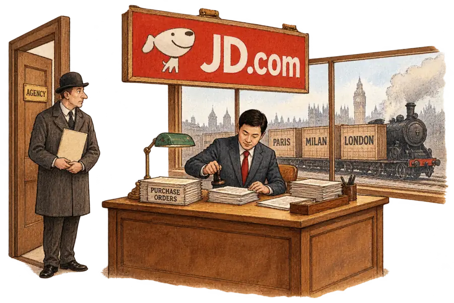 A buyer at a plain London desk beneath a hand-lettered JD.com sign stamps purchase orders while crates from European brands are loaded onto an eastbound train, and an agency middleman waits outside with an unsigned contract.
