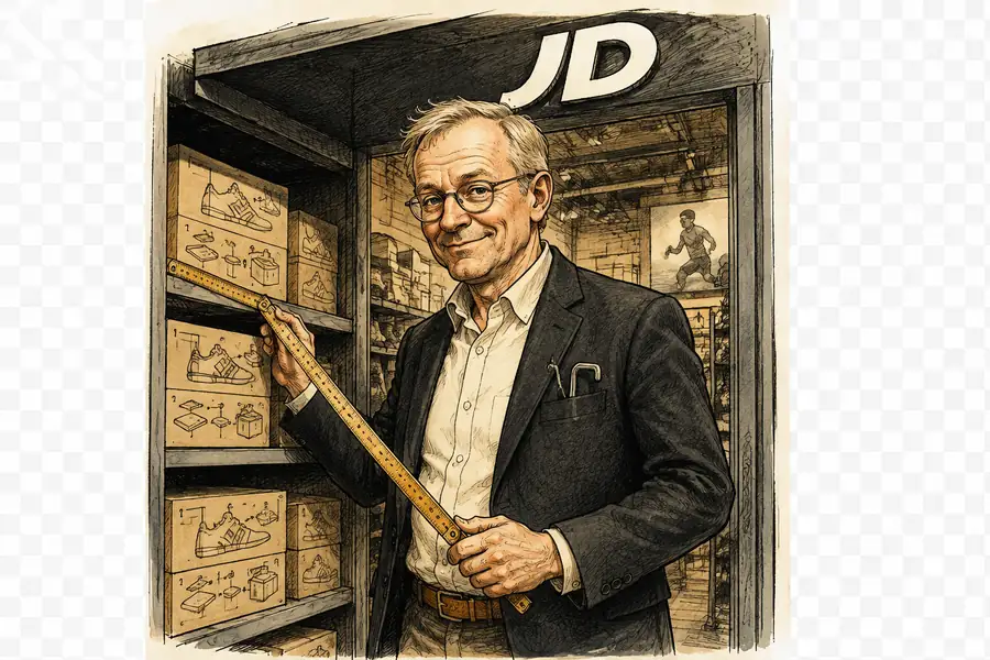 Caricature of Peter Agnefjäll measuring a shelf of trainer boxes with an oversized folding ruler in a JD Sports doorway