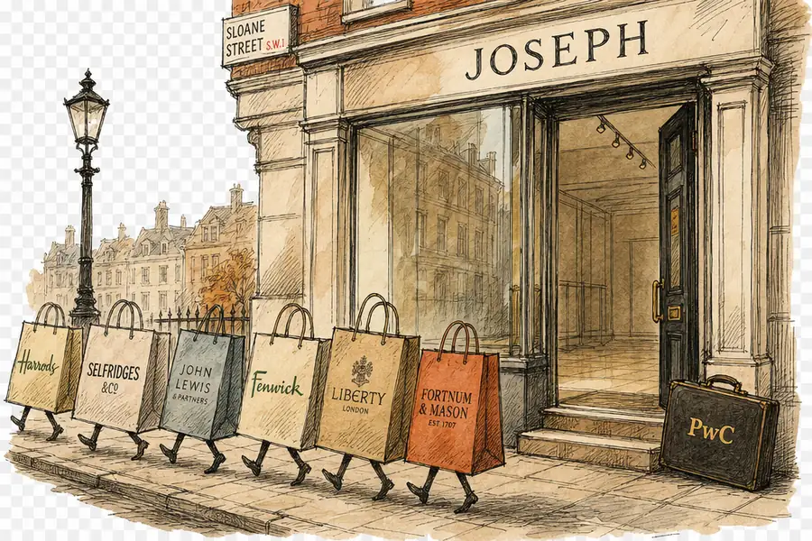 A London shopfront lettered JOSEPH with its door open, carrier bags from rival department stores walking away down the pavement, and a PwC briefcase left by the step.