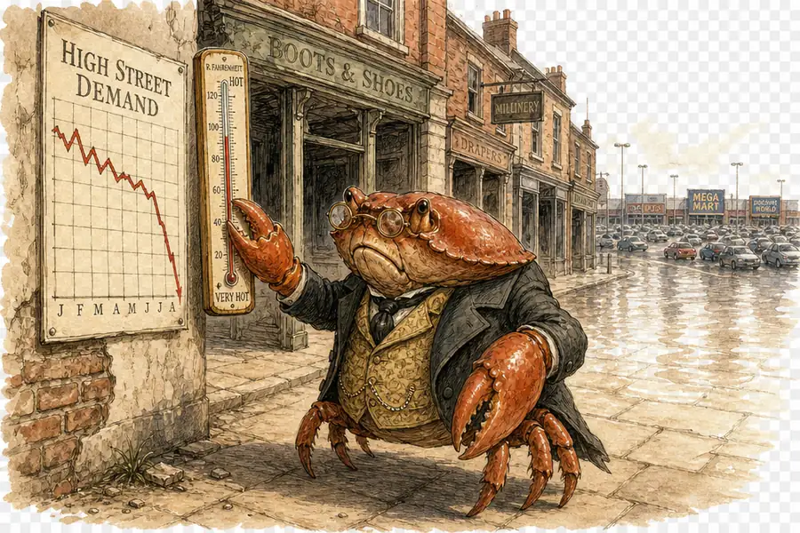 A waistcoated crab holds a mercury thermometer against a falling demand chart on an empty, sun-baked high street.