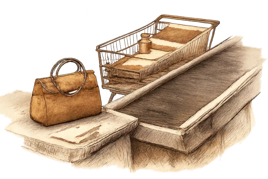 A department-store checkout conveyor with a half-filled shopping cart and a luxury handbag set aside, replaced by a wellness subscription box.