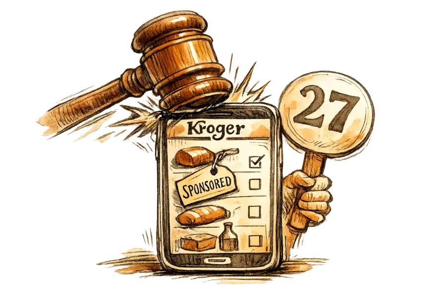 An auctioneer's gavel striking a phone showing a Kroger shopping list, one item tagged 'Sponsored'