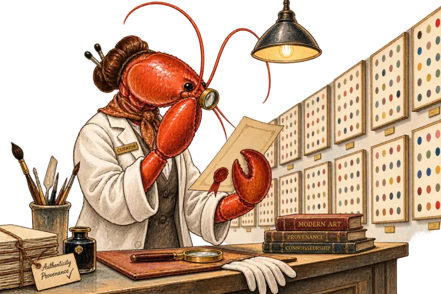 A lobster in a curator's smock inspects a paper certificate with a jeweller's loupe in front of a wall of identical dotted canvases.
