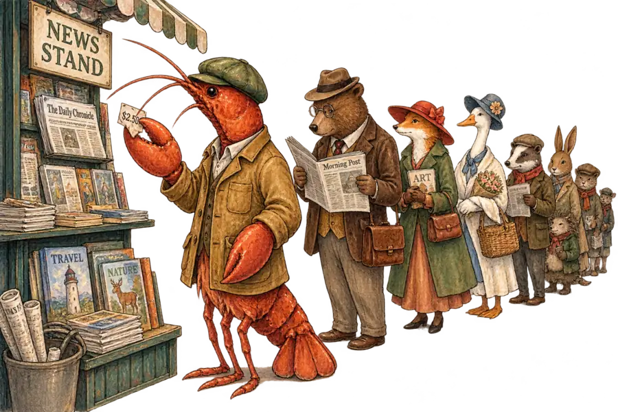 A lobster in a boxy three-pocket chore coat at the head of a long queue outside a small newsstand, holding up a paper price tag to read it