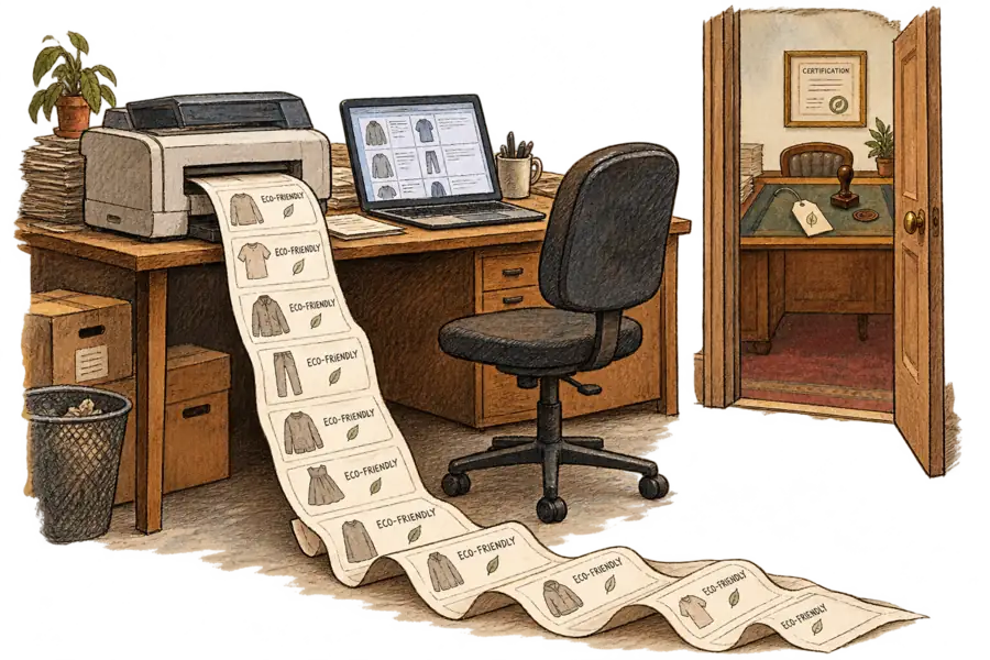 A printer in an empty back office spills a long paper product feed across the floor, every listing card on it lettered 'ECO-FRIENDLY', while through a doorway a single swing tag waits under a certifier's stamp.