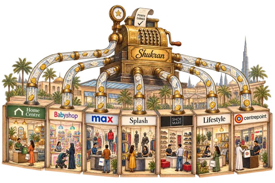 A row of seven separate shopfronts, each hand-lettered with a different Landmark Group brand name, with brass tubes running from every counter into one oversized cash register behind the wall.