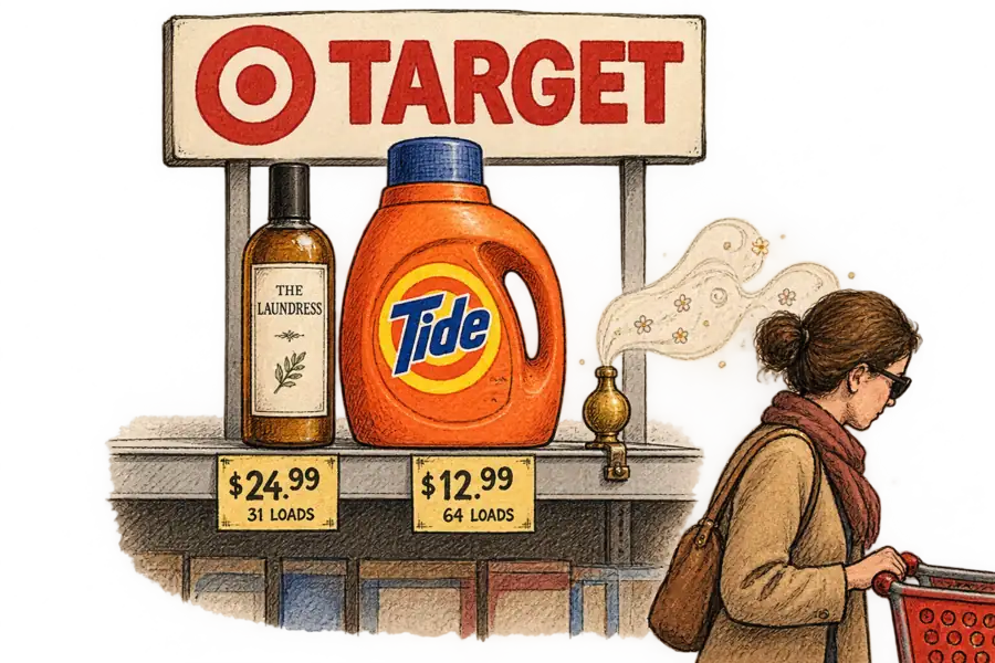 A slender The Laundress detergent bottle on a Target shelf beside a much larger Tide jug, with shelf tickets reading $24.99 for 31 loads and $12.99 for 64 loads.