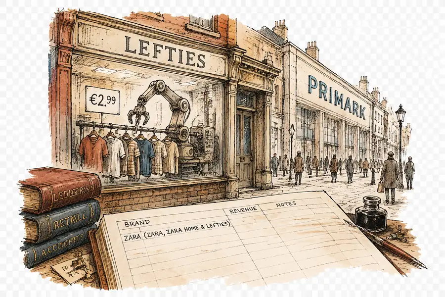 A small hand-lettered Lefties shopfront with €2.99 window tags and a robotic arm sorting garments inside, dwarfed by a Primark facade further up the street; an open ledger on the pavement shows a single row reading 'Zara (Zara, Zara Home & Lefties)'.