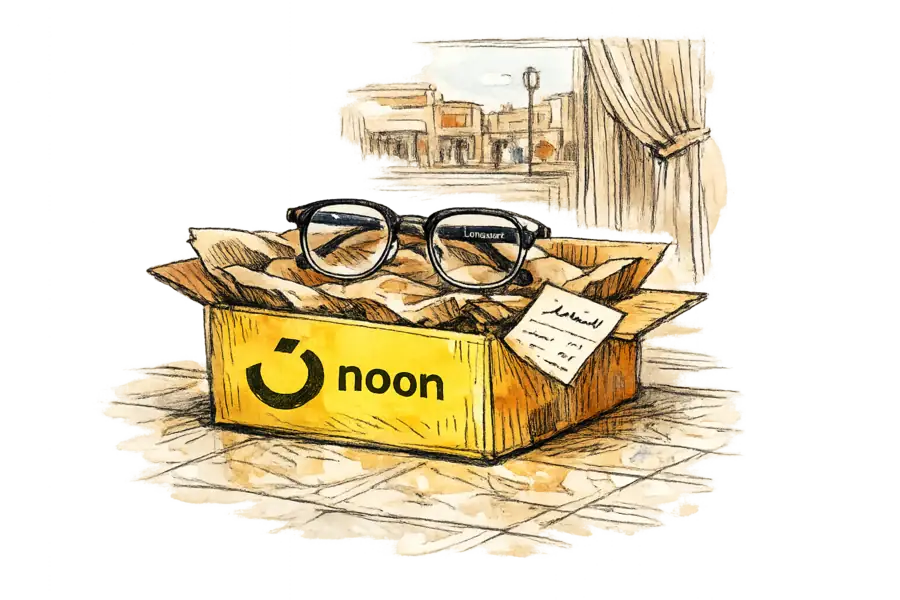 A pair of Lenskart spectacles resting on a partially unpacked yellow Noon parcel in a Riyadh interior