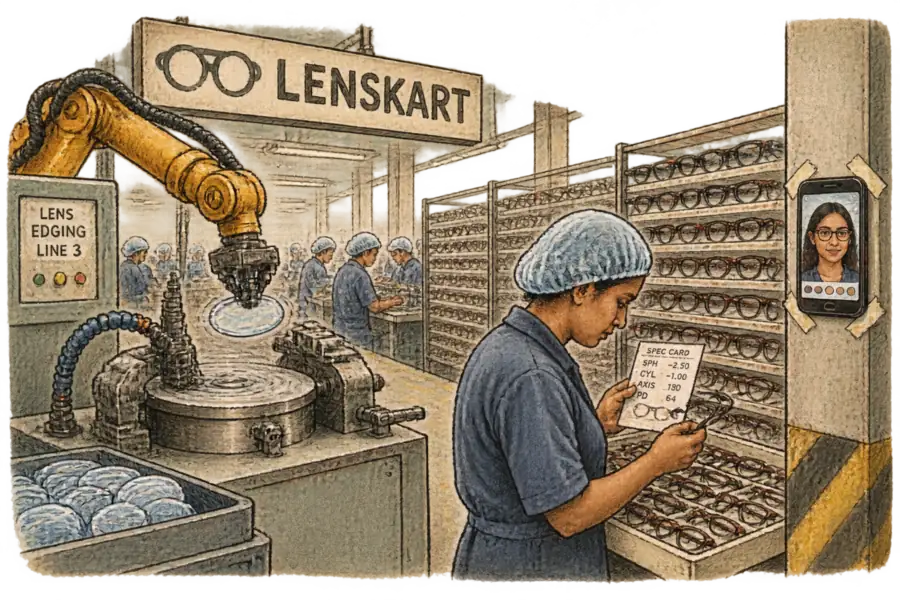 A robotic lens-cutting line under a hand-lettered Lenskart sign, with a phone showing a virtual try-on selfie taped unnoticed to a pillar.