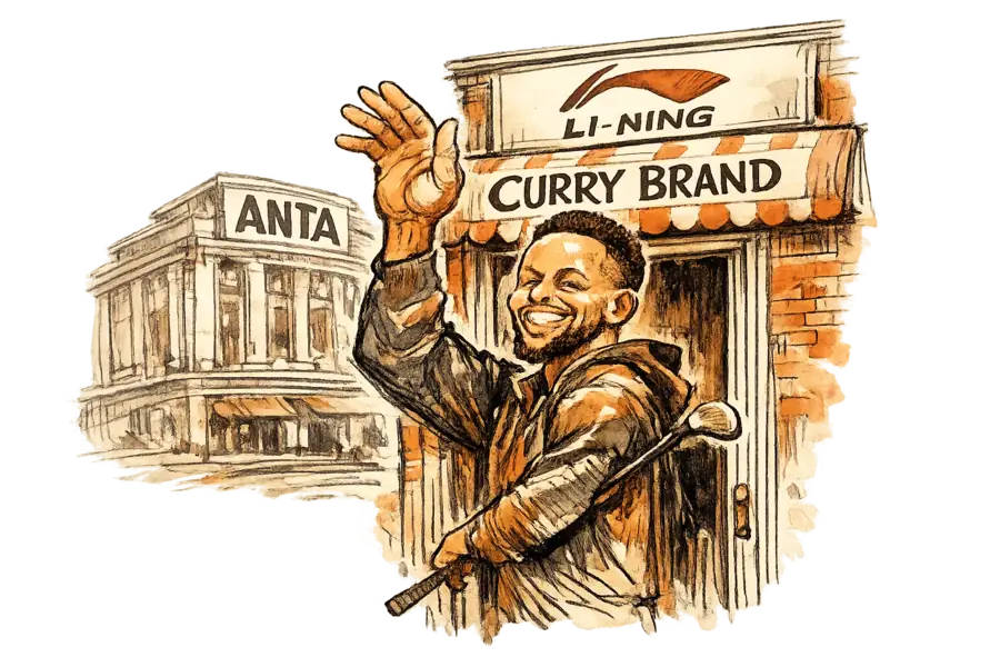 Caricature of Stephen Curry in the doorway of a small Curry Brand shop under a Li-Ning awning, a larger Anta store behind him, a golf club under his arm.