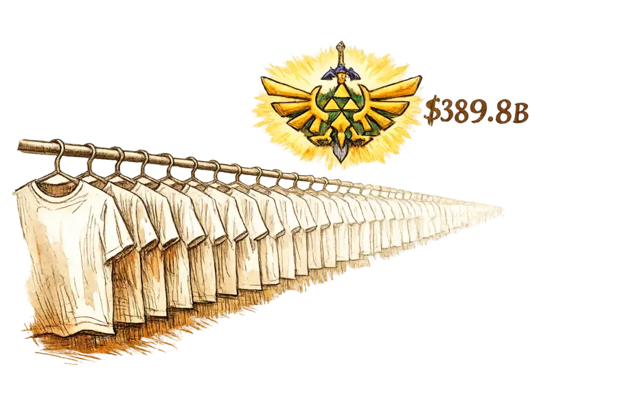 A long retail rack of identical blank white t-shirts beneath a single glowing emblem, suggesting the license rather than the garment is the product.