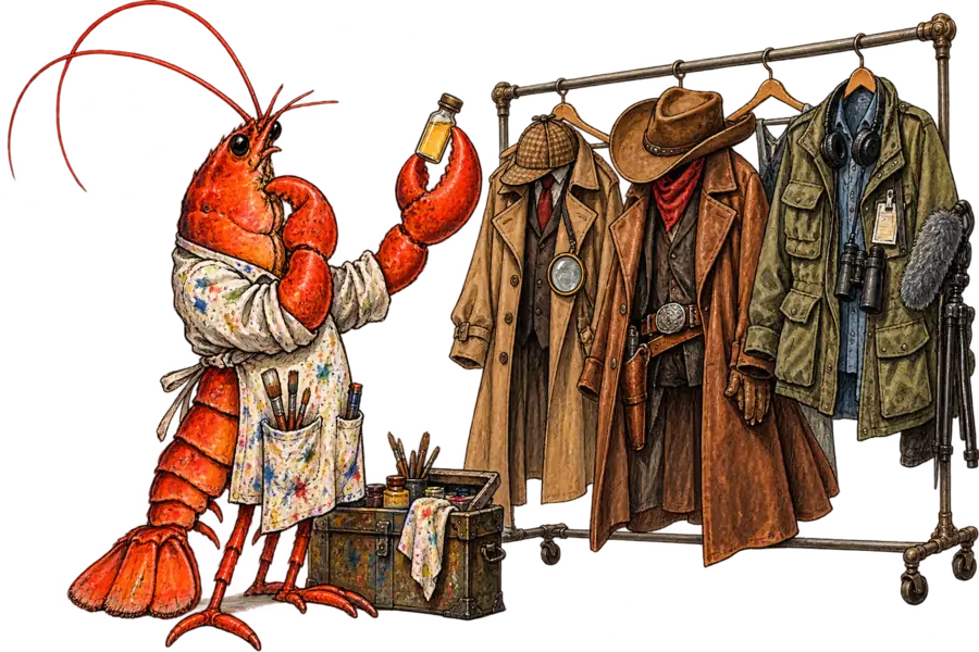 A lobster in a paint-stained smock holds a small unlabelled serum bottle up against a wardrobe rail of empty genre costumes: a detective's trench coat, a cowboy's duster, a documentary field jacket.