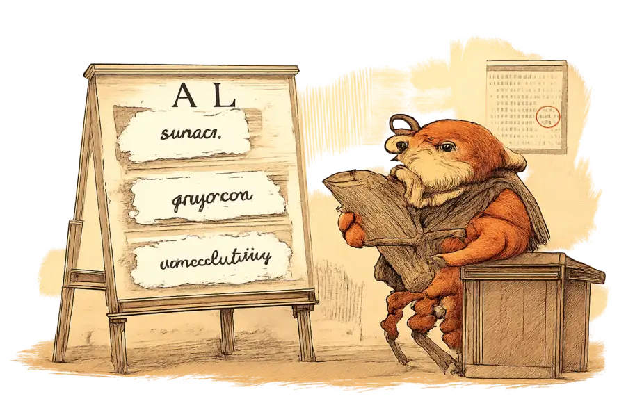 A crab in a Victorian waistcoat examines an AI vendor's slide deck with three slides torn out, the gaps labelled culture, judgment, and accountability.