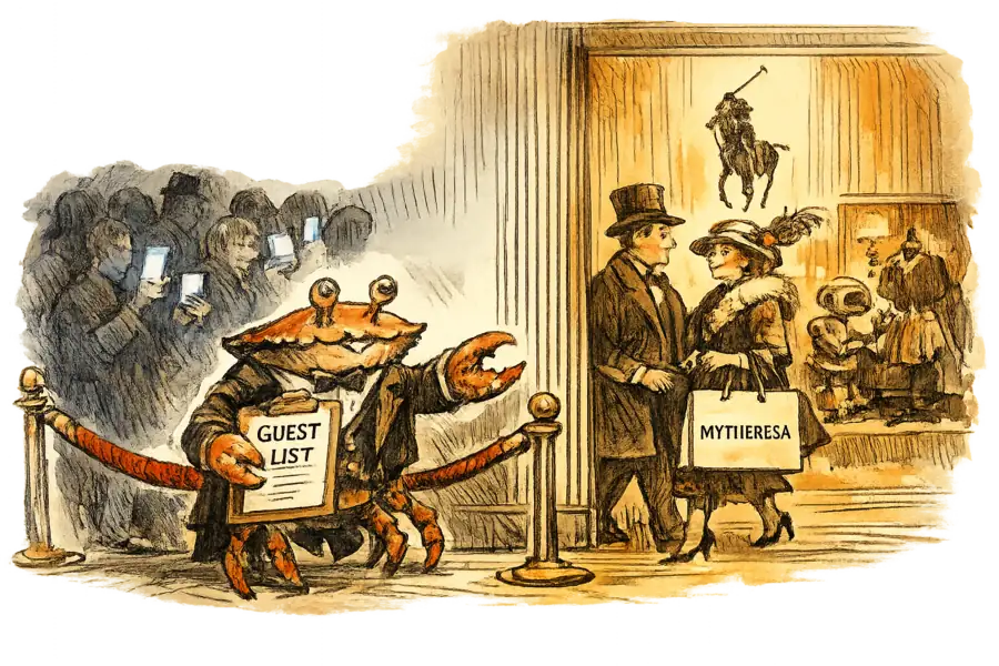 A crab in a maître d's tailcoat checks a clipboard marked GUEST LIST and waves two well-dressed shoppers past a velvet rope into a luxury salon, while a crowd waits outside lit by phone screens.