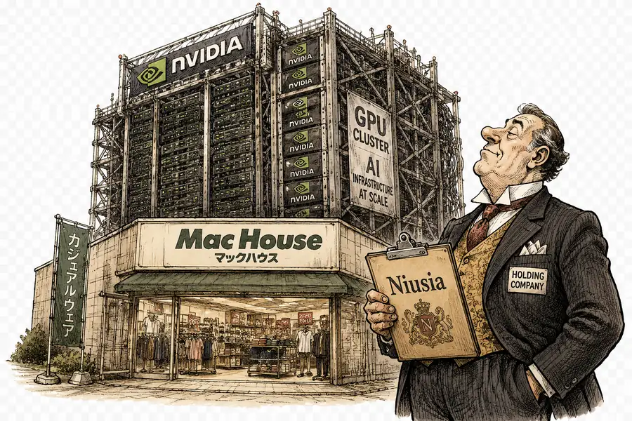 Mac House storefront with NVIDIA GPU server racks rising behind it, dwarfing the casualwear inside, and a figure in a suit holding a clipboard labelled Niusia in the foreground.