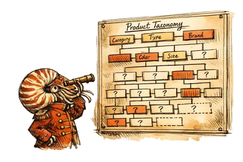 Admiral Vale examines a large product taxonomy schema on a wall, many attribute fields empty or marked with question marks