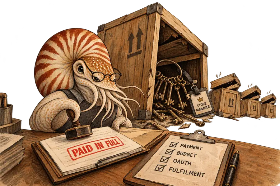 A nautilus stamps a delivery note PAID IN FULL while the opened crate behind it spills master keys and smaller crates prising open their own lids.