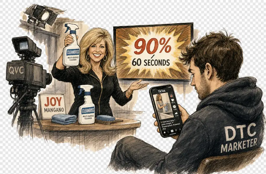 Caricature of Joy Mangano holding a CleanBoss bottle on a cable infomercial studio set, with a DTC marketer in the foreground absorbed in a TikTok feed on his phone.