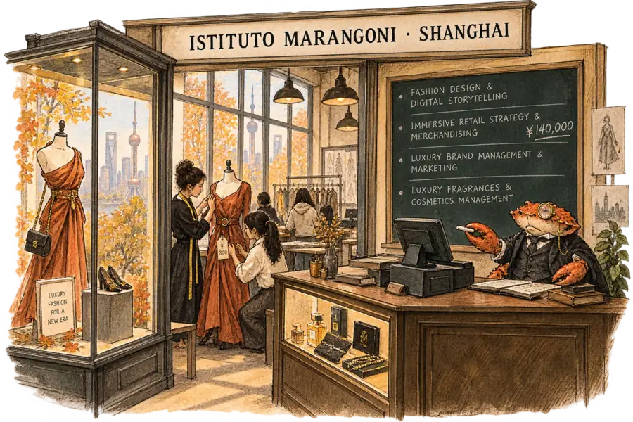 A Shanghai fashion classroom rebuilt as a shop floor, its blackboard listing four certificates with ¥140,000 chalked beside the retail one.