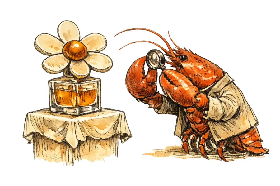 A lobster in a curator's smock inspects the daisy-topped cap of a perfume bottle on a museum pedestal through a jeweler's loupe.