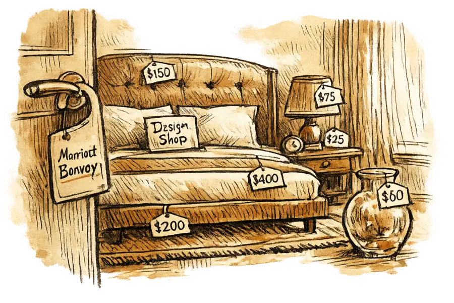 A hotel guest room with retail price tags hanging from the headboard, nightstand lamp and rug, and a Marriott Bonvoy door hanger on the handle.