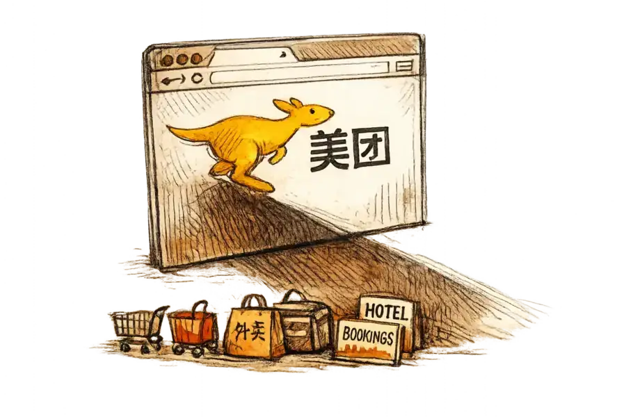 A towering browser window with the Meituan kangaroo logo casting a long shadow over small shopping carts and delivery bags below