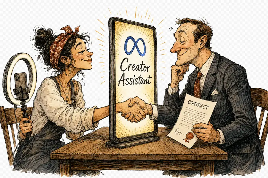 A creator and a brand marketer on opposite sides of a table both lean toward a glowing Meta 'Creator Assistant' screen standing between them.