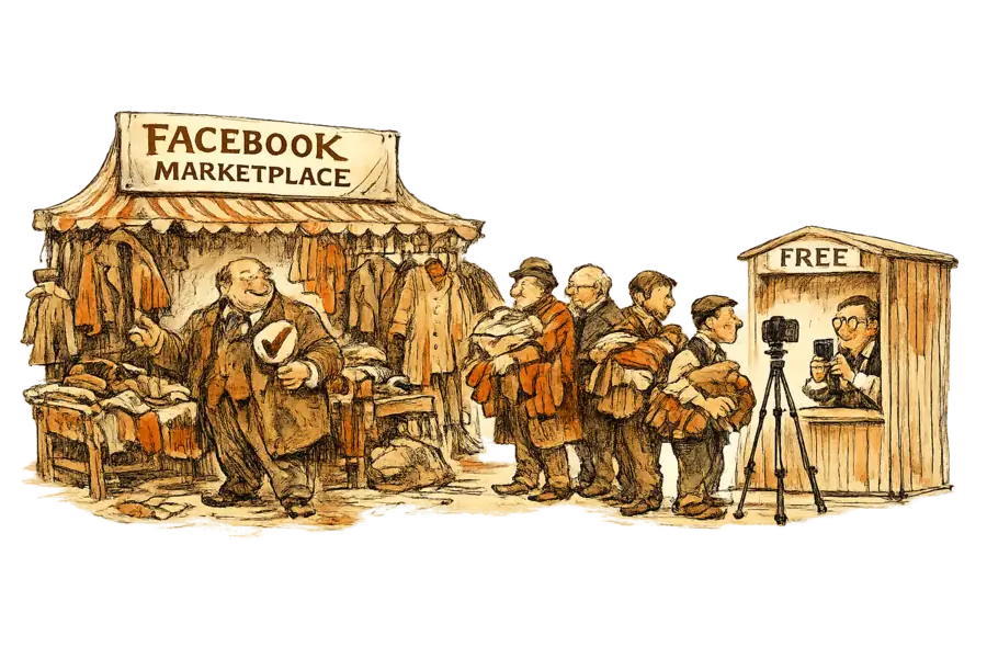 A Facebook Marketplace stall hung with secondhand coats, the seller wearing an oversized hand-lettered check-mark badge, while a queue of unbadged sellers waits at a booth where a clerk photographs their faces