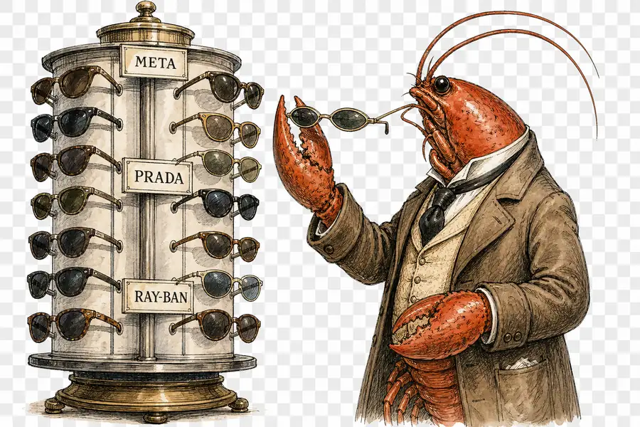 A lobster inspects a pair of slim oval sunglasses at a shop display rack whose placards read Meta, Prada and Ray-Ban.
