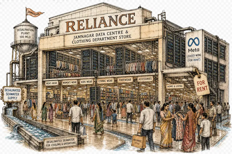 A vast Jamnagar data center drawn as a clothing department store, 'Reliance' hand-lettered on the facade and a small leased Meta wing, shoppers in the aisles below.