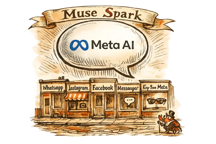 A Meta AI chat bubble descends on a block of five storefronts signed WhatsApp, Instagram, Facebook, Messenger, and Ray-Ban Meta