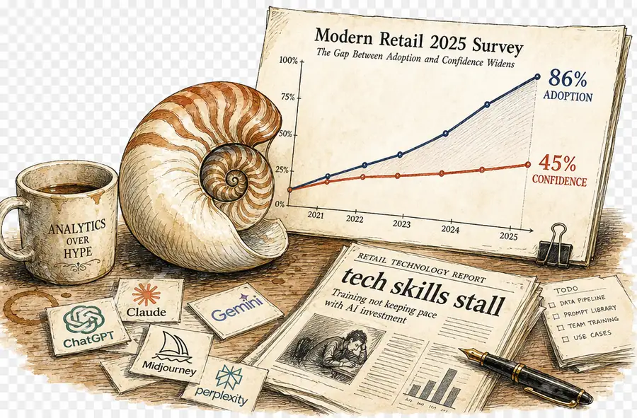 A nautilus shell on a marketer's desk beside a printed survey chart with two diverging lines, one steep labeled 86% adoption, the other flat labeled 45% confidence.