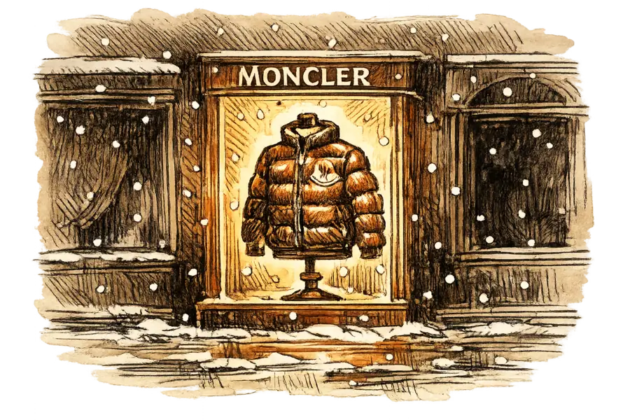 A Moncler puffer jacket on a mannequin in a brightly lit shop window while neighbouring luxury boutique windows sit dark