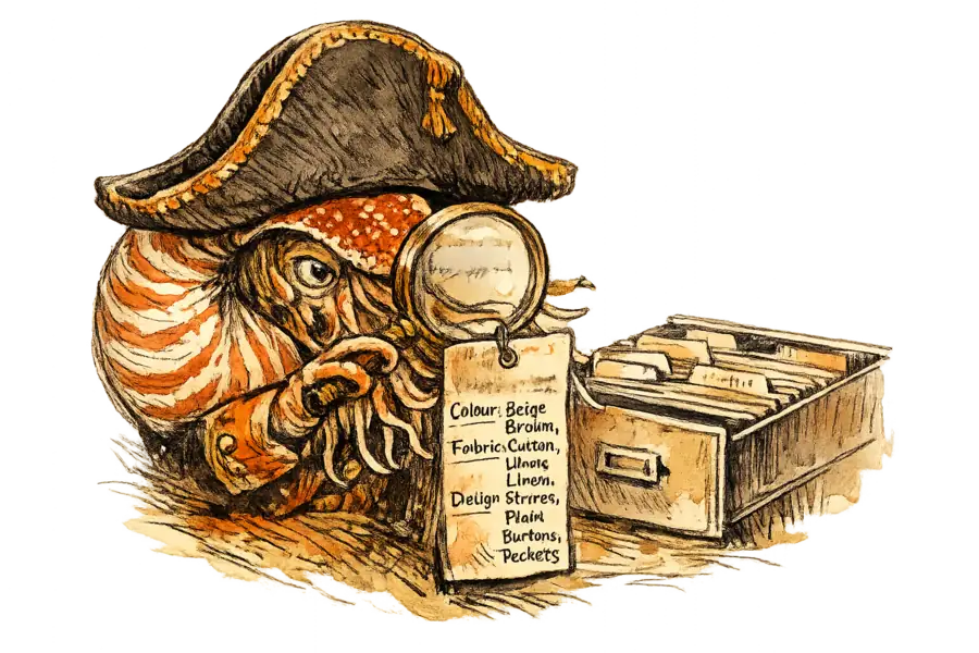 A nautilus in an admiral's hat examines a garment tag whose printed category code has faded while handwritten attribute pairs fill the space beneath it.